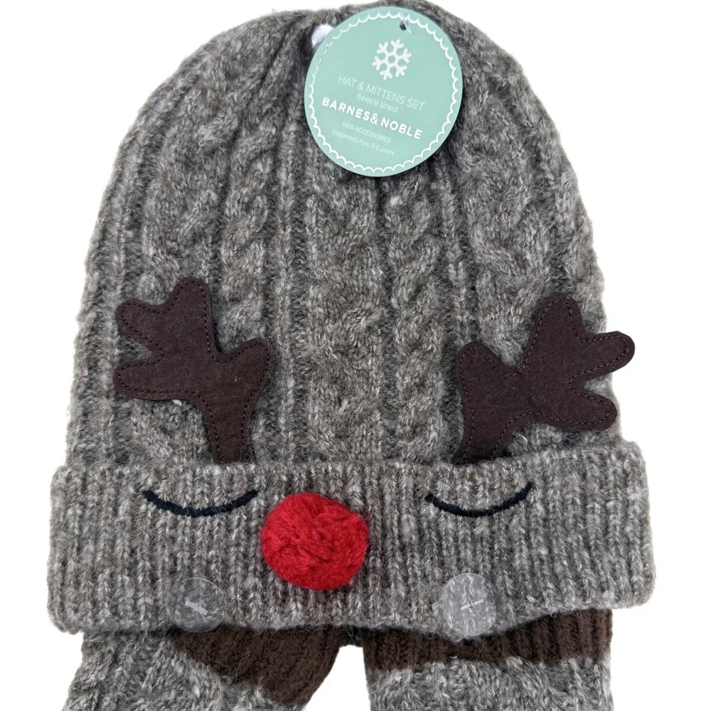 Barnes & Noble Reindeer Hat Mittens Set Kids 3-6Y Gray Fleece Lined Cable Knit